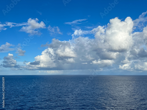 A view of a sunny day on the Caribbean Sea from a cruise ship.
