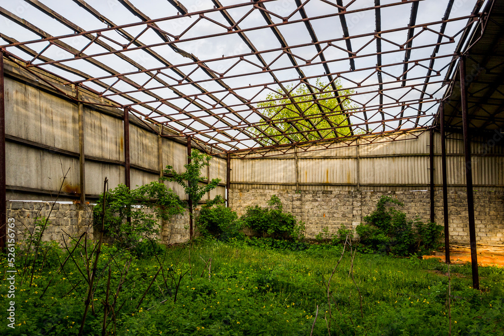 inside a big brick barn with damaged roof in the village inside a big brick barn with damaged roof in the village