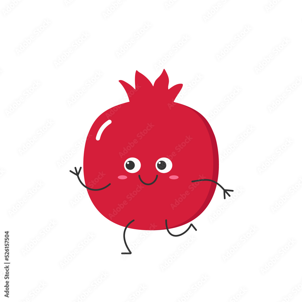 Fototapeta premium Pomegranate character cartoon running fruit cute funny smiling face happy joy emotions icon vector illustration.