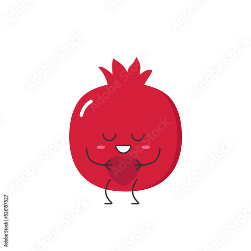 Pomegranate character cartoon fruit cute smiling face love sign heart favorite emotions icon vector illustration.