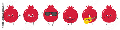 Set pomegranate character cartoon fruit greeting jumping loves sings running cute funny smiling face happy joy emotions icon vector illustration.