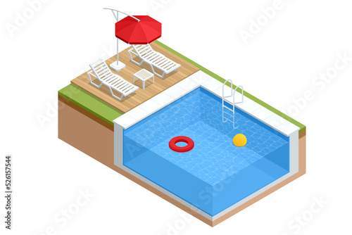 Isometric Swimming pool with stair and sun loungers. home swimming pool in garden and terrace. Summer Vacation Concept.