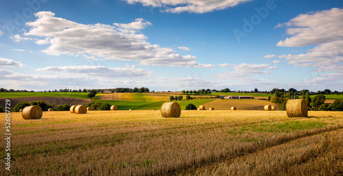 Meule de foin ou de paille dans un paysage de campagne en été après les moissons.