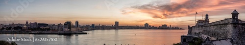 Panoramic view on Havana's famous Malecon seen from Castillo de los Tres Reyes del Morro at sunset