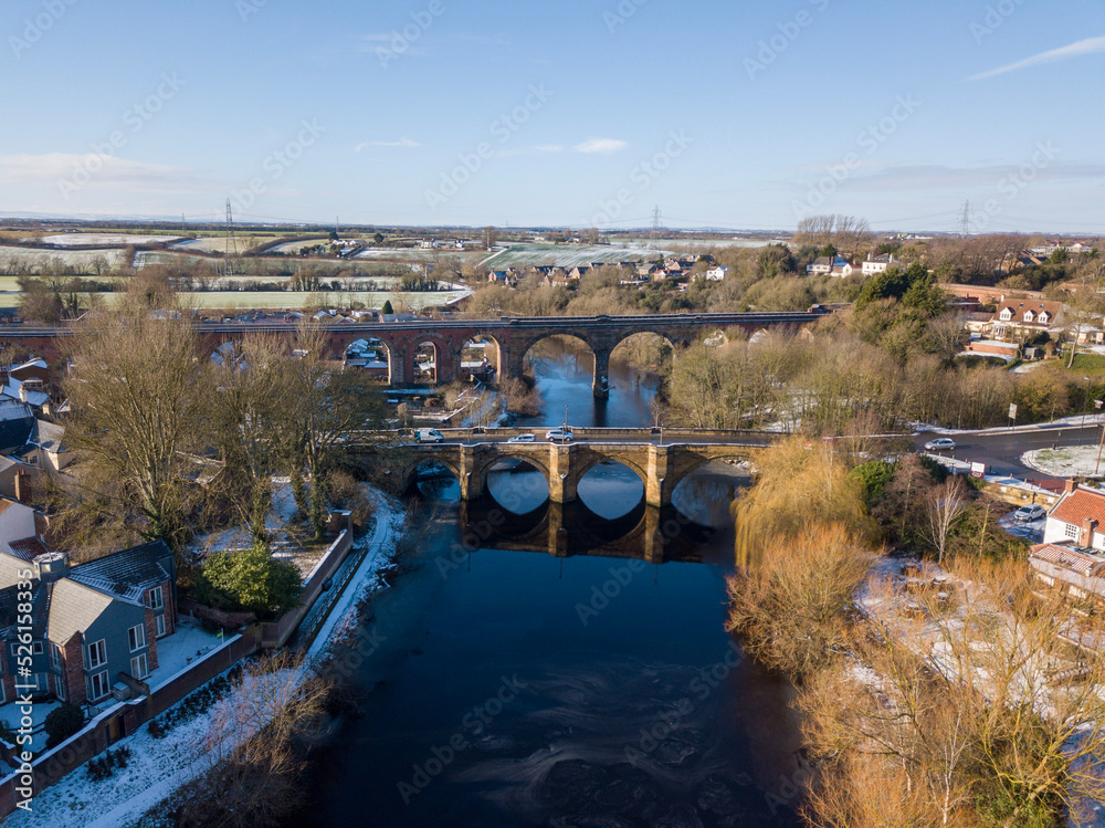 Winter view of the bridge over the river in Yarm in Teesside