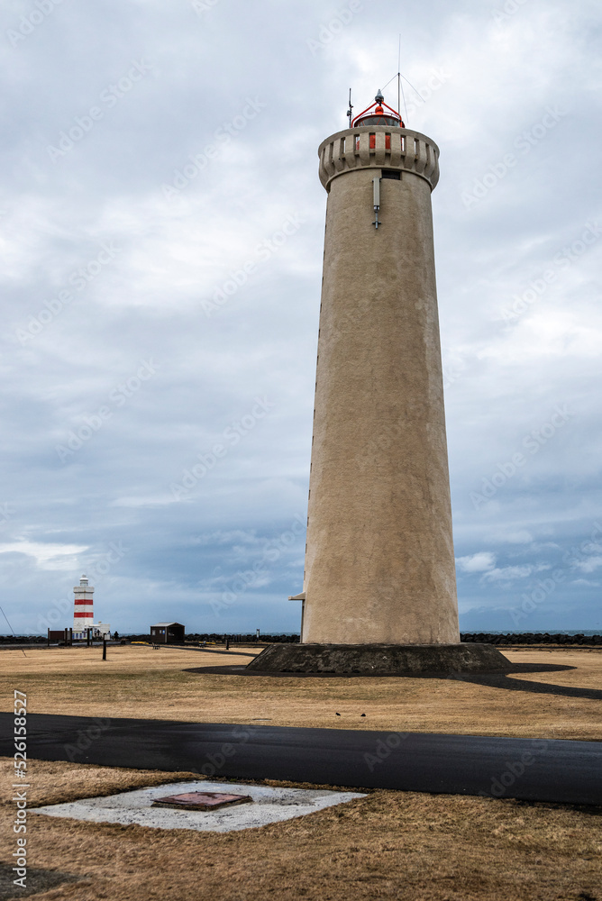 The two lighthouses of Garðskagi near the village of Garður at the tip of the Reykjanes Peninsula, Iceland, are a popular sight not far from Keflavik The two lighthouses of Garðskagi near the village of Garður at the tip of the Reykjanes Peninsula, Iceland, are a popular sight not far from Keflavik