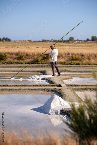 Saunier ou paludier récoltant le sel de mer dans les marais salant de l'île de Noirmoutier en Vendée. France.