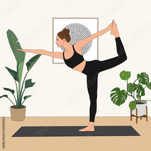 Dancer Pose (Lord Of The dance) / Natarajasana. Flexible standing woman doing practicing deep stretch yoga asana pose exercise at home studio. Fashion illustration painting poster of person plants photo