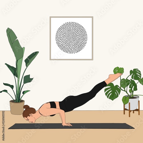 Peacock Pose / Mayurasana. Flexible fashion woman doing practicing yoga at home studio asana balancing pose exercise illustration painting poster meditating person figure interior photo