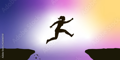 Silhouette of Woman jumping across the Mountains. Vector Illustration.