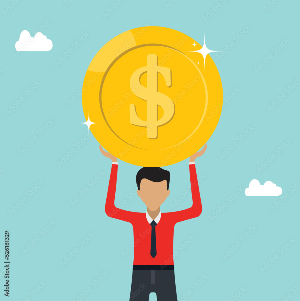 Successful Business man holds dollar coins thinking Making decision, Flat design vector illustration Successful Business man holds dollar coins thinking Making decision, Flat design vector illustration