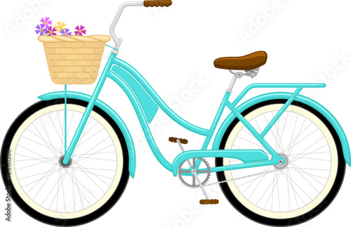 Fototapeta Vector illustration of a retro-styled, teal-colored cruiser bicycle with a basket filled with wildflowers
