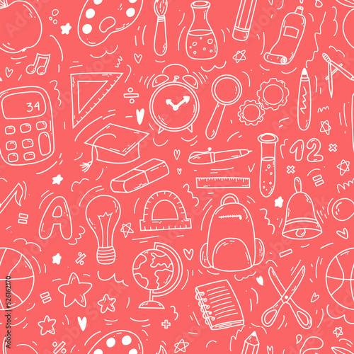Hand drawn doodle seamless pattern with school icons on pink background. Vector illustration of supplies, back to school concept for print, web and textile design, stationery