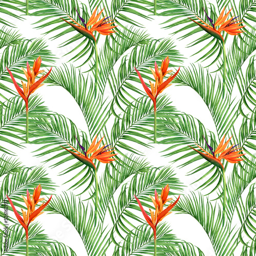 Watercolor painting palm leaves seamless pattern with flowers background.Watercolor hand drawn illustration tropical exotic leaf prints for wallpaper,textile Hawaii aloha jungle pattern.