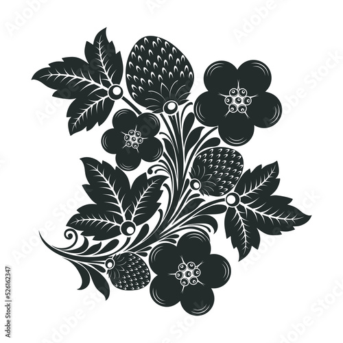 Stylized bouquet of berries and flowers with leaves, black isolated image on a white background. Vector illustration