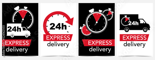 Express delivery banner set with stopwatch, countdown timer, chronometer icon or logo on a delivery truck in red and black colours on white background. Fast urgent courier service vector illustration.