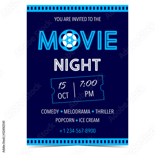 Movie night invitation card, advertisement banner, promo poster, announcement brochure, affiche, flyer or leaflet. Vector illustration for movie event, film festival party, cinema holidays.