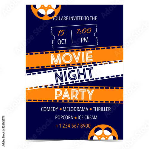 Movie night party banner or invitation card template design. Movie night party poster or flyer with cinematographic film strip and film reel for promo and advertisement. Flat vector illustration.