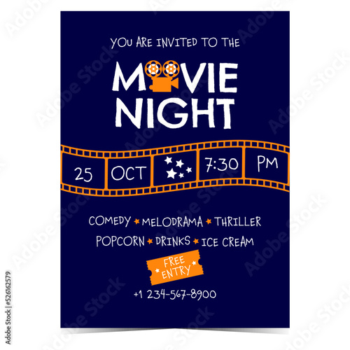 Movie night banner with cinematographic film strip and announcement of cinema event or festival. Vector illustration of movie night party invitation or promo affiche for web and social media posts.
