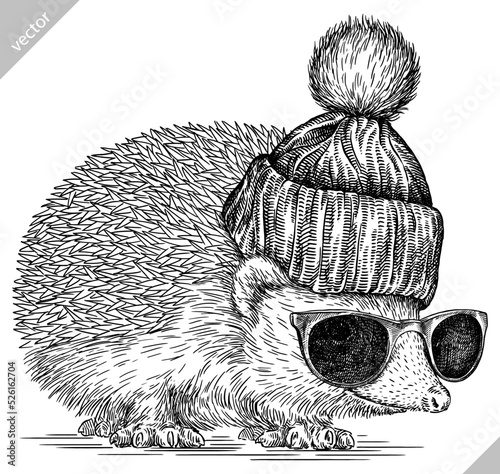 Vintage engrave isolated dressed fashion hedgehog set illustration costume cut ink sketch. Wild new hat sunglasses hipster pet background line glasses hedge vector art
