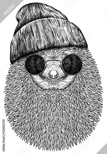 Vintage engrave isolated dressed fashion hedgehog set illustration costume cut ink sketch. Wild new hat sunglasses hipster pet background line glasses hedge vector art