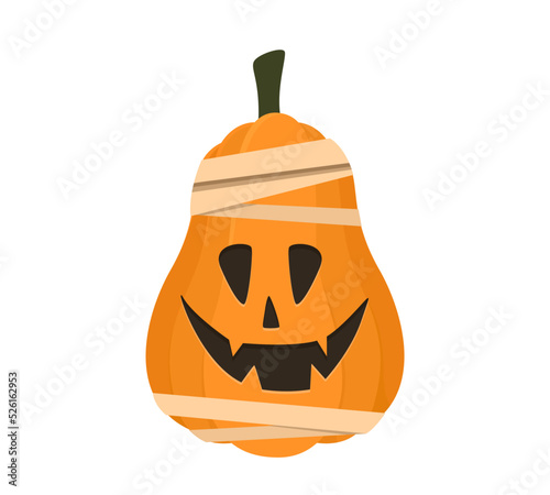 Halloween pumpkin in a mummy costume. Jack O Lantern cartoon character. Vector illustration icon isolated on white background.