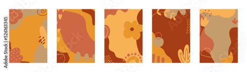 Autumn card set. Thanksgiving background. Fall sale flyer. Advertising voucher. Hand drawn minimal organic design. Orange leaf flying poster. Special offer banner. Floral frame. Vector illustration