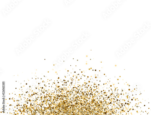Glitter gold explosion banner. Magic party dust. Sequin rain. Christmas luxury flyer. Happy holiday sparkle stars poster. Glamour premium invitation. Golden circle confetti frame. Vector illustration