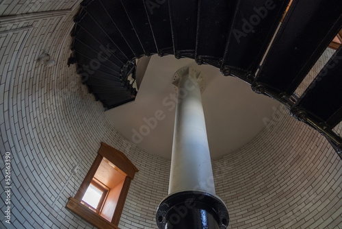 Black metal spiral staircase in a lighthouse.