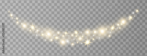 Glitter light and stars wave. Shine luxury background. Sparkle golden bokeh. Christmas Holiday glow particle. White star effect. Festive party design. Twinkle flash. Fairy bulb. Vector illustration
