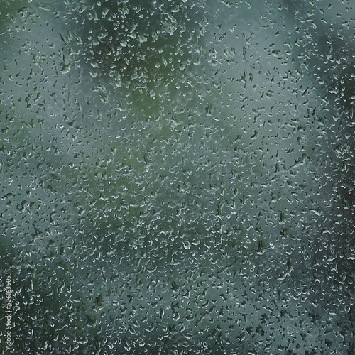 Rainy day, raindrops on wet window glass, vertical bright abstract rain water background pattern detail, macro closeup, detailed green, blue, dark vivid gray waterdrops, gentle bokeh, pluvial rainfall