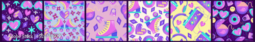 90s seamless pattern set with gum, rollers and headphones. Creative modern seamless pattern. Bright neon color 1990. Set cool background