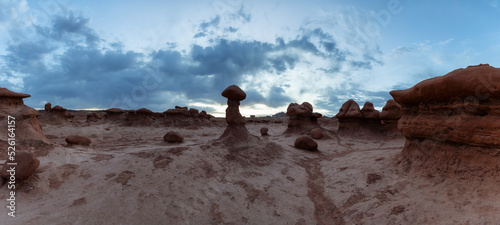 Red Rock Formations in Desert at Sunset. Spring Season. Goblin Valley State Park. Utah, United States. Nature Background Panorama