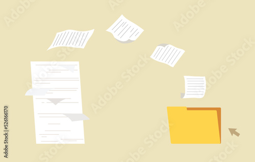 Stack documents moving to yellow folder. Concept of converting a paperwork to digital files, database, data organization, office, business documents. Flat vector illustration.