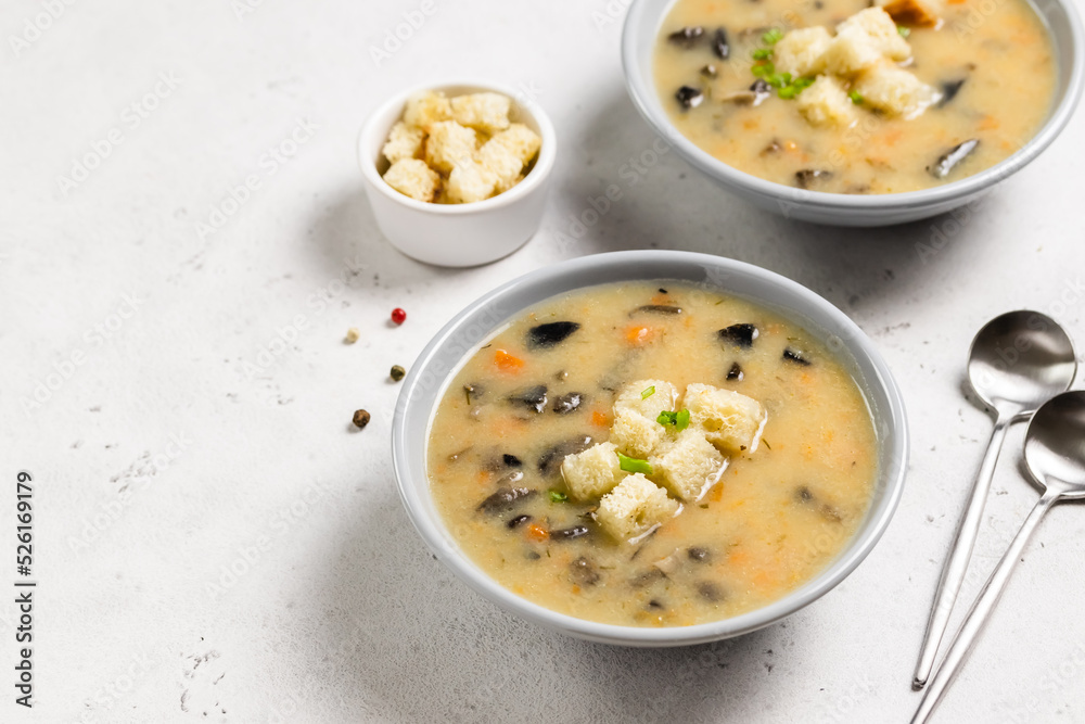 Instant pot mushroom soup. Top view, copy space. Instant pot mushroom soup. Top view, copy space.