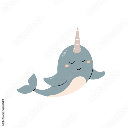 Cute Narwhal vector print. Cute hand drawn illustration with cartoon Narwhal.Baby animals in cartoon style. Funny ocean animal character. Underwater whale