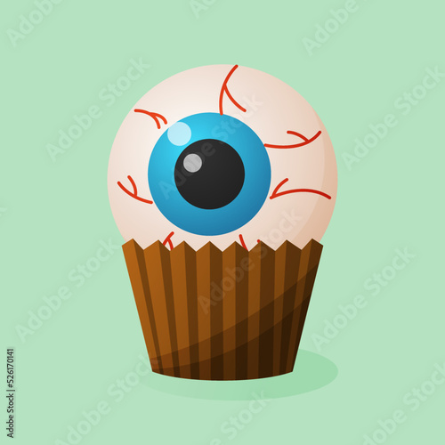 A small cupcake in the form of an eye for Halloween. Children's sweets, sweets or treats. Vector illustration