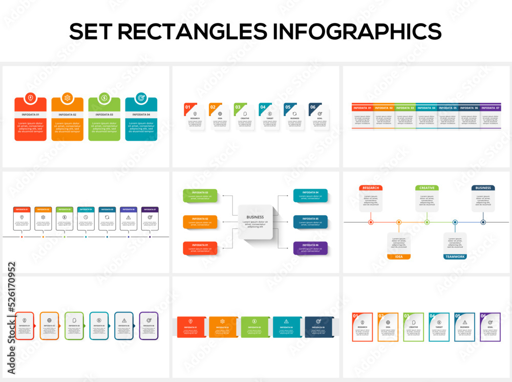 Set rectangles infographics with 4, 5, 6, 7 steps, options, parts or processes. Business data visualization. Set rectangles infographics with 4, 5, 6, 7 steps, options, parts or processes. Business data visualization.
