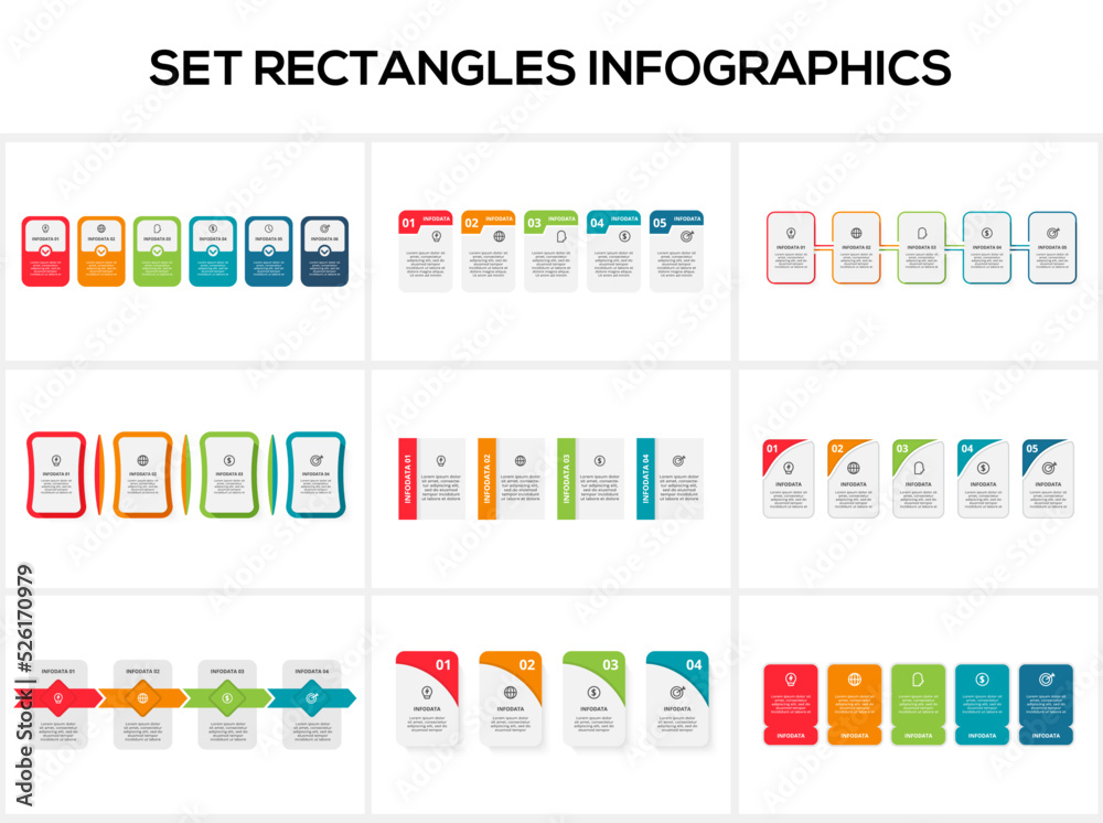 Set rectangles infographics with 4, 5, 6 steps, options, parts or processes. Business data visualization.