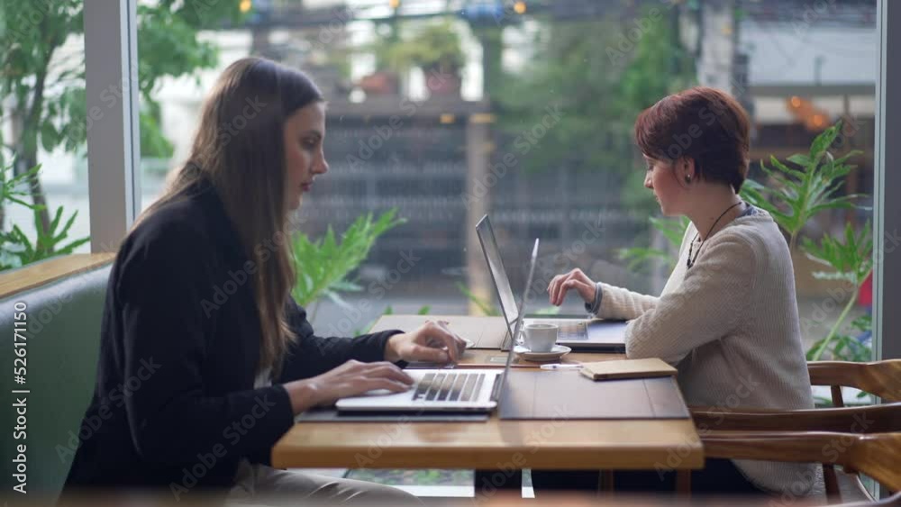Two young women seated at coffee shop in front of laptop computers. People studying or doing remote work in front of tech devices at cafe place Two young women seated at coffee shop in front of laptop computers. People studying or doing remote work in front of tech devices at cafe place