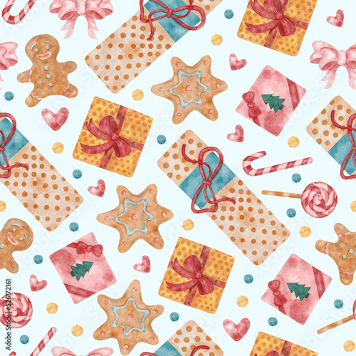 Watercolor Christmas pattern with presents, sweets and gingerbread. Bright holiday seamless pattern for print, wrapping paper and fabric.