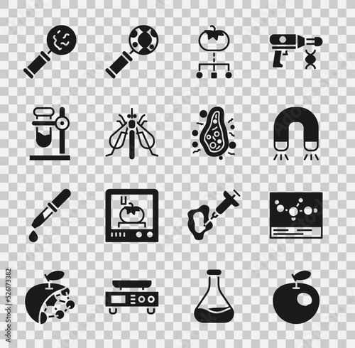 Set Genetically modified apple, Chemical formula, Magnet, food, Experimental insect, Test tube flask on stand, Microorganisms under magnifier and Bacteria icon. Vector