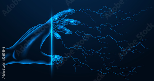 Electric lightning coming from the fingers of the hand.  Polygonal design. Blue background.