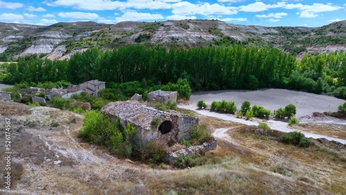 Abandoned town of Valdearnedo, aerial view from a drone. Desert Valley of the Navas. La Bureba region. Province of Burgos. Castile and Leon. Burgos. Spain. Europe photo