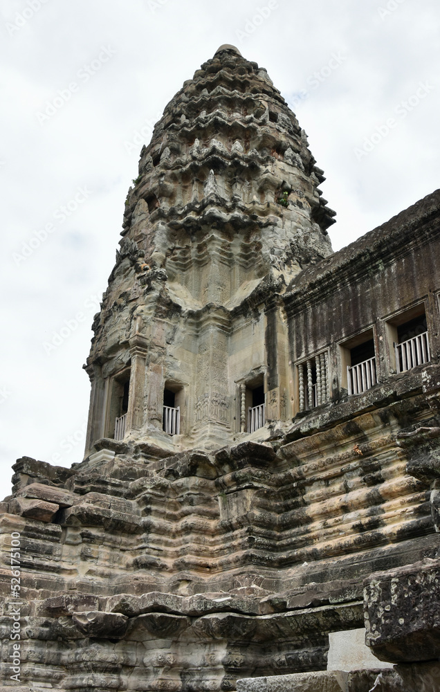 One Tower of Angkor Wat with Overcast Sky, Low Angle Portrait