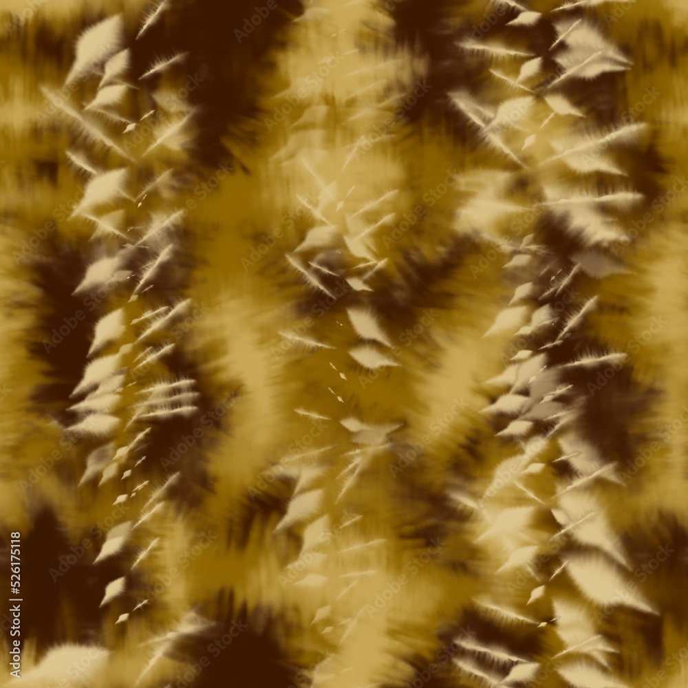 Fototapeta premium Seamless tie dye pattern with brown, yellow stains and beige vertical striped spots. Psychedelic hippie texture. 70s style dirty design motif