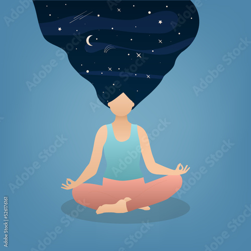 vector illustration of a young yogi woman meditating in the lotus position, in a state of nirvana. the concept of spiritual practice, work with the subconscious, connection with the universe, space