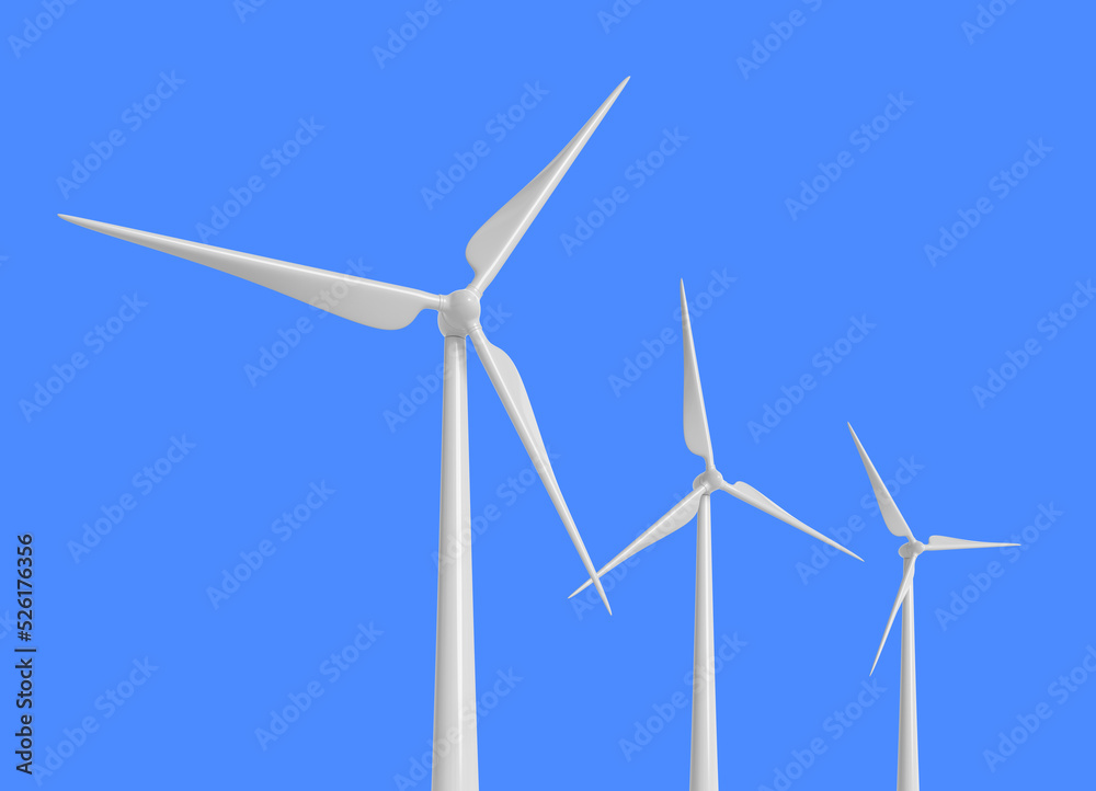 Wind turbines isolated on blue background. Clean and renewable energy concept. 3D rendered image. Wind turbines isolated on blue background. Clean and renewable energy concept. 3D rendered image.