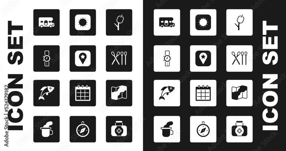 Set Marshmallow on stick, Location for camping, Wrist watch, RV motorhome vehicle, Match, Sun, Camping and hiking map and Fish icon. Vector Set Marshmallow on stick, Location for camping, Wrist watch, RV motorhome vehicle, Match, Sun, Camping and hiking map and Fish icon. Vector