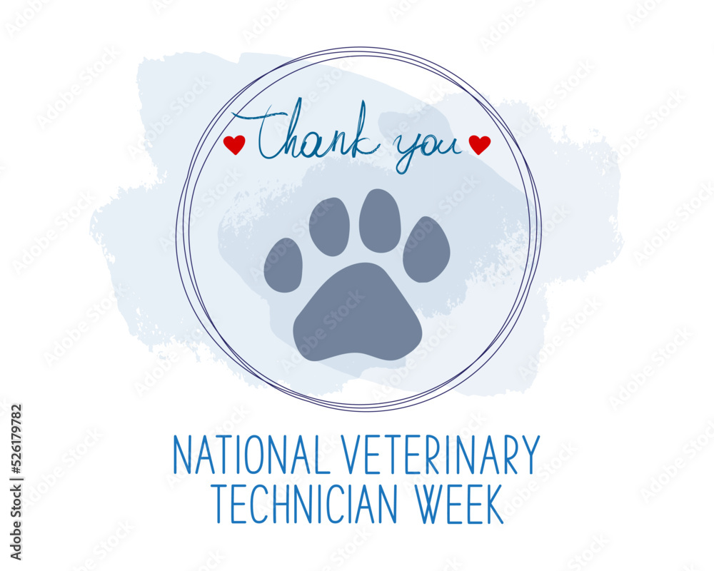 Vet Tech Appreciation Week concept. Red heart, dog paw ant text Thank